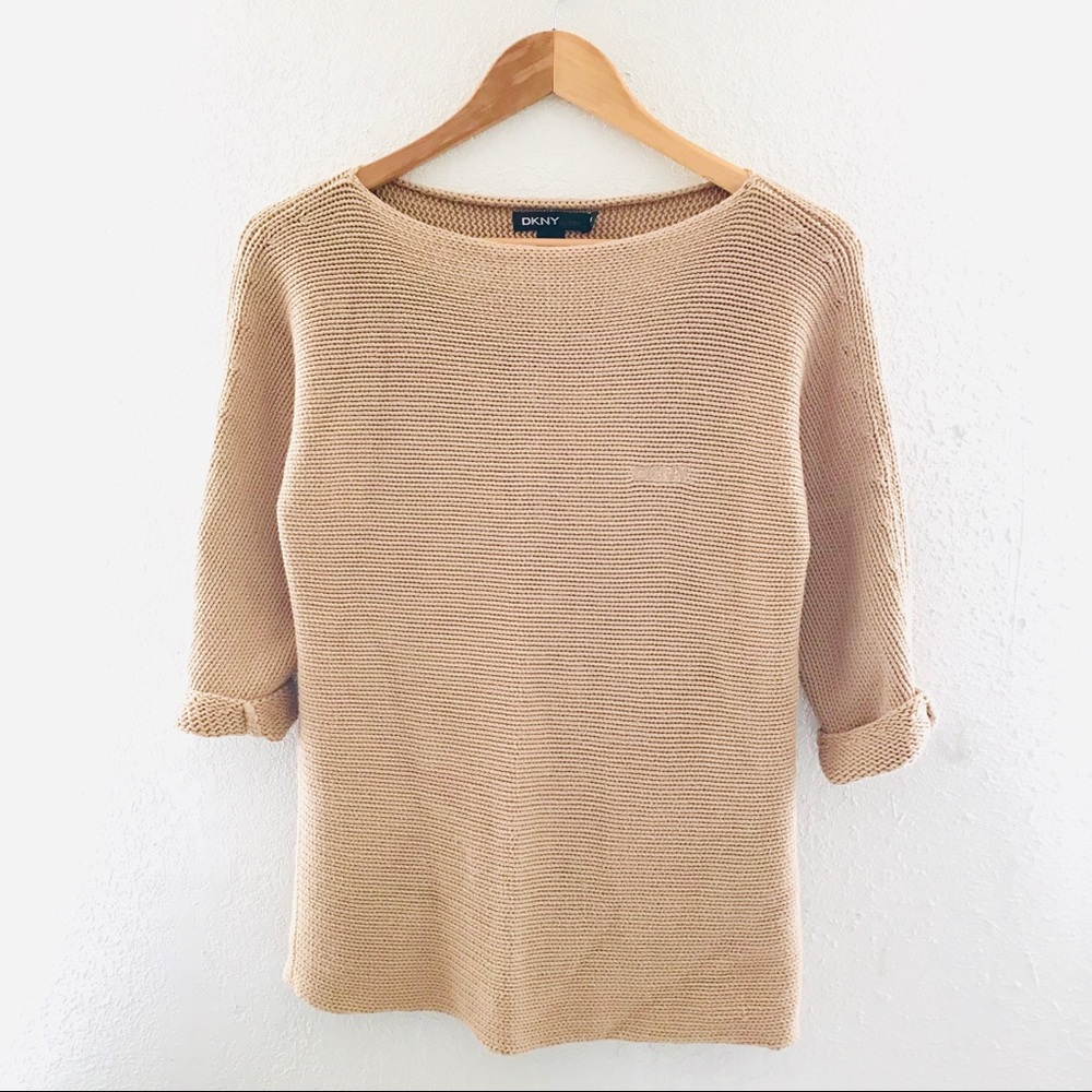 DKNY Woven Tops | Petite Tan Knit Long Sleeve Top